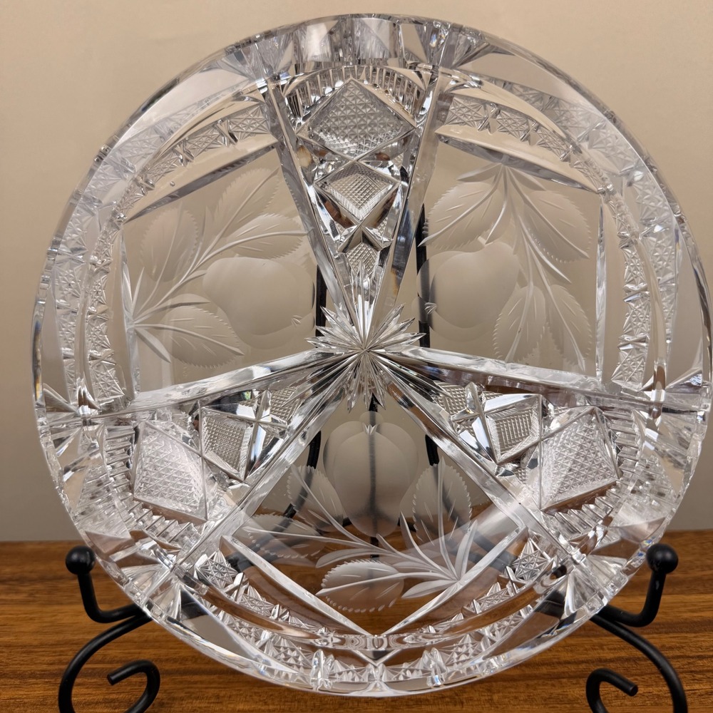 Cut Glass Ashtray Intaglio Pear Geometric Crystal Cigar 8.25 Inch